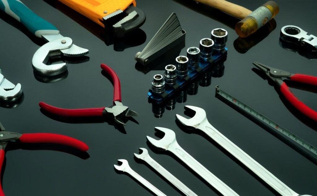 Set of mechanic tools on dark background. Chrome wrenches or spanners, hexagon socket, end cutter